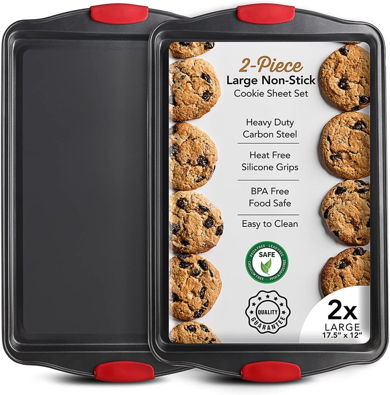 EATEX Baking Sheet Set, 2-Piece Large Cookie Sheet Set with Silicone Handles, Steel Baking Pan, Baking Sheets for Oven, BPA Free Nonstick Set, Half Sheet Pans, Black Baking Tray - Image 1